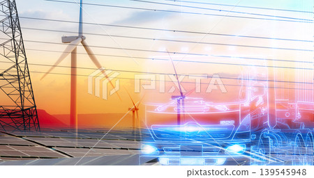 Blue electric vehicle trailer truck green hydrogen concept. Sustainable renewable energy. Solar panels and wind turbines with sky. Clean energy. Commercial logistic truck transport with green power. Blue electric vehicle trailer truck green hydrogen concept. Sustainable renewable energy. Solar panels and wind turbines with sky. Clean energy. Commercial logistic truck transport with green power. 139545948