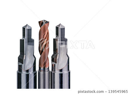 Special tools isolated on white background. Made to order special tools. Coated step drill and reamer detail. HSS cemented carbide. Carbide cutting tool for industrial applications. Engineering tools. Special tools isolated on white background. Made to order special tools. Coated step drill and reamer detail. HSS cemented carbide. Carbide cutting tool for industrial applications. Engineering tools. 139545965
