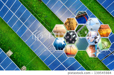 Sustainable renewable energy. Solar panels and wind turbines generate clean electricity for EV charging. Green infrastructure. SDGs and ESG goals. Innovative technology. Eco-friendly transportation. Sustainable renewable energy. Solar panels and wind turbines generate clean electricity for EV charging. Green infrastructure. SDGs and ESG goals. Innovative technology. Eco-friendly transportation. 139545984