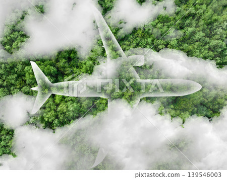 Sustainable aviation fuel concept. Net zero emissions flight. Sustainability transportation. Eco-friendly aviation fuel. Air travel. Future of flight with green innovation. Airplane use biofuel energy 139546003