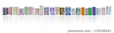 Many of colorful pills in blister packs in a row isolated on white background with copy space. Pharmaceuticals industry. Healthcare education in hospital. Pharmacology. Painkiller and antibiotics Many of colorful pills in blister packs in a row isolated on white background with copy space. Pharmaceuticals industry. Healthcare education in hospital. Pharmacology. Painkiller and antibiotics 139546091