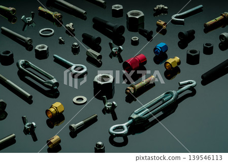 Metal bolts, nuts, and washers. Fasteners equipment. Hardware tools. Different types of nuts, bolts, and screws on table in workshop. Mechanic tools. Threaded fastener use in automotive engineering. 139546113