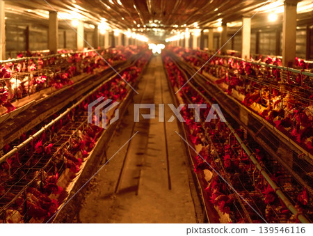 Chicken farm. Egg-laying chicken in battery cages. Commercial hens poultry farming. Layer hens livestock farm. Intensive poultry farming in close systems. Egg production. Chicken feed for laying hens. Chicken farm. Egg-laying chicken in battery cages. Commercial hens poultry farming. Layer hens livestock farm. Intensive poultry farming in close systems. Egg production. Chicken feed for laying hens. 139546116