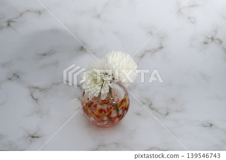 一朵白色菊花插在暖色調的球形玻璃花瓶中,背景明亮(位於畫面中央)。 一朵白色菊花插在暖色調的球形玻璃花瓶中,背景明亮(位於畫面中央)。 139546743