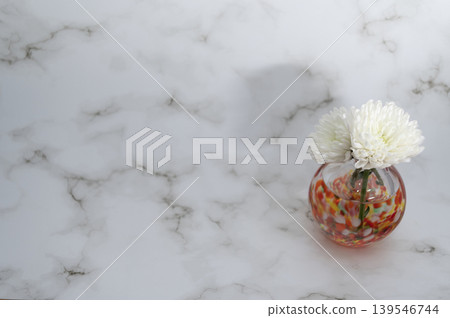 一朵白色菊花插在暖色調的球形玻璃花瓶中,背景明亮(位於右側)。 一朵白色菊花插在暖色調的球形玻璃花瓶中,背景明亮(位於右側)。 139546744