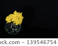 A single yellow chrysanthemum in a cool-toned, spherical glass vase, floating in the darkness (placed on the left). A single yellow chrysanthemum in a cool-toned, spherical glass vase, floating in the darkness (placed on the left). 139546754