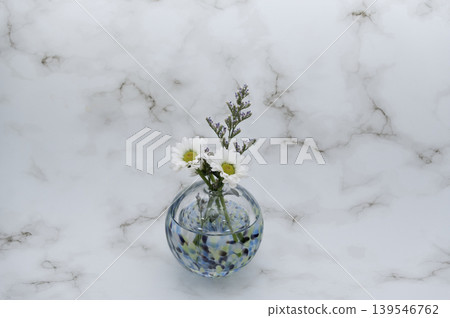 一朵花插在冷色調的球形玻璃花瓶中，花瓶中央是一朵白色菊花和一朵藍色幻想曲。 139546762