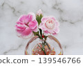 A close-up of three pink carnation flowers and buds in a single-flower vase. A close-up of three pink carnation flowers and buds in a single-flower vase. 139546766