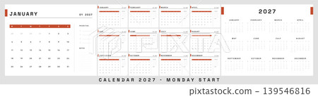 Bold 2027 Calendar Template. Monday Start Office Calendar with Priorities and Notes Section. Clean Corporate Monthly Planner Layout. Bold 2027 Calendar Template. Monday Start Office Calendar with Priorities and Notes Section. Clean Corporate Monthly Planner Layout. 139546816