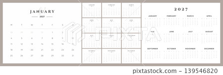 Elegant 2027 Calendar Template. Monday Start Minimal Monthly Calendar with Soft Neutral Border and Classic Typography. Elegant 2027 Calendar Template. Monday Start Minimal Monthly Calendar with Soft Neutral Border and Classic Typography. 139546820
