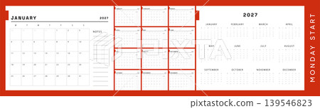 Bold Red 2027 Calendar Template. Monday Start Monthly Office Planner with Notes Section and Clean Business Layout. Bold Red 2027 Calendar Template. Monday Start Monthly Office Planner with Notes Section and Clean Business Layout. 139546823