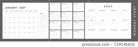 Professional 2027 Calendar Template. Monday Start Monthly Office Planner with Large Grid, Notes and Annual Overview. Professional 2027 Calendar Template. Monday Start Monthly Office Planner with Large Grid, Notes and Annual Overview. 139546826
