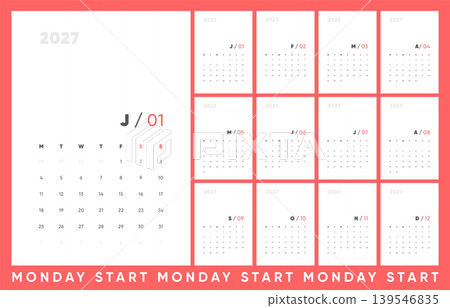 2027 Calendar Template. Monday Start Minimal Monthly Calendar with Abbreviated Months and Clean Poster Style Layout. 2027 Calendar Template. Monday Start Minimal Monthly Calendar with Abbreviated Months and Clean Poster Style Layout. 139546835