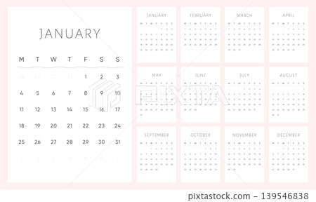 Soft Pink 2027 Calendar Template. Monday Start Minimal Monthly Calendar with Thin Typography and Clean Wall Layout. Soft Pink 2027 Calendar Template. Monday Start Minimal Monthly Calendar with Thin Typography and Clean Wall Layout. 139546838