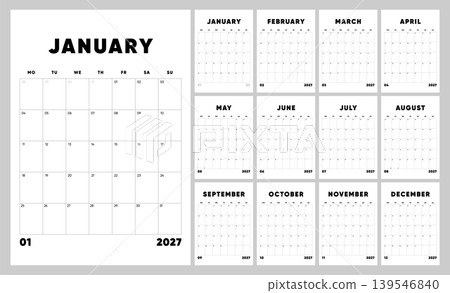 Bold 2027 Calendar Template. Monday Start Minimal Monthly Planner with Large Black Typography and Clean Grid Layout. Bold 2027 Calendar Template. Monday Start Minimal Monthly Planner with Large Black Typography and Clean Grid Layout. 139546840