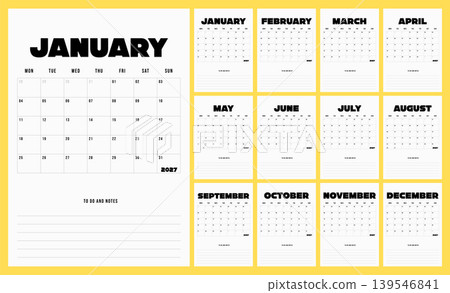 Yellow 2027 Calendar Template. Monday Start Monthly Planner with To Do and Notes Section in Bold Minimal Style. Yellow 2027 Calendar Template. Monday Start Monthly Planner with To Do and Notes Section in Bold Minimal Style. 139546841