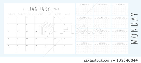 Thin Line 2027 Calendar Template. Monday Start Minimal Monthly Planner with Large Grid and Elegant Typography Layout. Thin Line 2027 Calendar Template. Monday Start Minimal Monthly Planner with Large Grid and Elegant Typography Layout. 139546844
