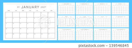 Blue 2027 Calendar Template. Monday Start Monthly Planner with Simple Large Grid and Clean Minimal Layout. Blue 2027 Calendar Template. Monday Start Monthly Planner with Simple Large Grid and Clean Minimal Layout. 139546845