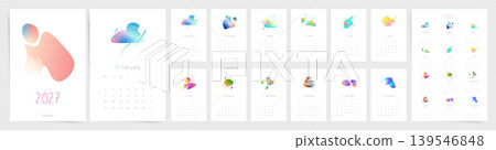 Abstract 2027 Calendar Template. Monday Start Artistic Monthly Calendar with Colorful Gradient Shapes and Minimal Wall Layout. Abstract 2027 Calendar Template. Monday Start Artistic Monthly Calendar with Colorful Gradient Shapes and Minimal Wall Layout. 139546848