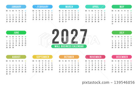 Colorful 2027 Calendar Template. Monday Start One Page Wall Business Calendar with Rounded Month Headers. Colorful 2027 Calendar Template. Monday Start One Page Wall Business Calendar with Rounded Month Headers. 139546856