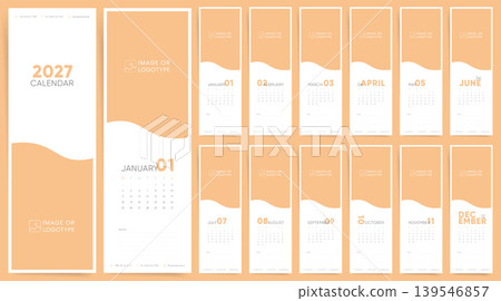 Peach 2027 Calendar Template. Monday Start Corporate Wall Calendar with Image Placeholder, Logo Space and Notes. Peach 2027 Calendar Template. Monday Start Corporate Wall Calendar with Image Placeholder, Logo Space and Notes. 139546857