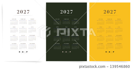 Elegant 2027 Calendar Template. Monday Start One Page Annual Calendar Set with Dark Green, White and Yellow Poster Layouts. Elegant 2027 Calendar Template. Monday Start One Page Annual Calendar Set with Dark Green, White and Yellow Poster Layouts. 139546860