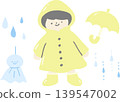 雨季插圖集：一個穿著雨衣的孩子、一把雨傘和一個晴天娃娃（天氣娃娃）的插圖。 139547002