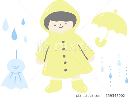 雨季插圖集:一個穿著雨衣的孩子、一把雨傘和一個晴天娃娃(天氣娃娃)的插圖。 雨季插圖集:一個穿著雨衣的孩子、一把雨傘和一個晴天娃娃(天氣娃娃)的插圖。 139547002