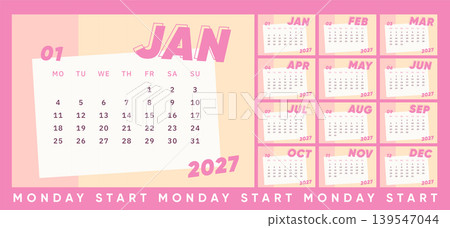 Pink Retro 2027 Calendar Template. Monday Start Fun Monthly Calendar with Bold Typography and Pastel Poster Layout. Pink Retro 2027 Calendar Template. Monday Start Fun Monthly Calendar with Bold Typography and Pastel Poster Layout. 139547044
