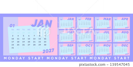 Pastel Blue 2027 Calendar Template. Monday Start Retro Monthly Calendar with Bold Typography and Cute Poster Layout. Pastel Blue 2027 Calendar Template. Monday Start Retro Monthly Calendar with Bold Typography and Cute Poster Layout. 139547045