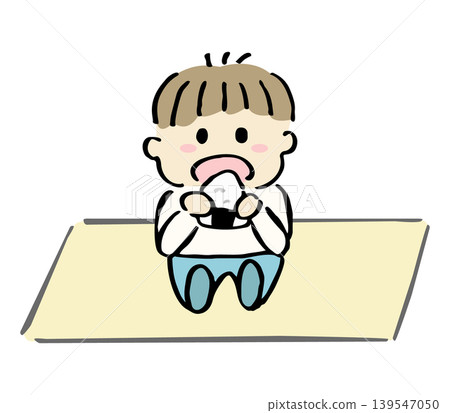 A hand-drawn illustration of a boy eating a rice ball. 139547050
