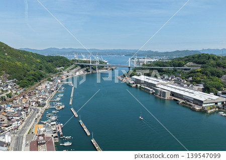 An aerial photograph overlooking the Onomichi Strait in Hiroshima Prefecture, as well as the city of Onomichi and Mukaijima Island. An aerial photograph overlooking the Onomichi Strait in Hiroshima Prefecture, as well as the city of Onomichi and Mukaijima Island. 139547099