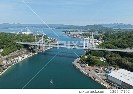 An aerial photograph overlooking the Onomichi Channel in Hiroshima Prefecture and the Onomichi Bridge and Shin-Onomichi Bridge. An aerial photograph overlooking the Onomichi Channel in Hiroshima Prefecture and the Onomichi Bridge and Shin-Onomichi Bridge. 139547102