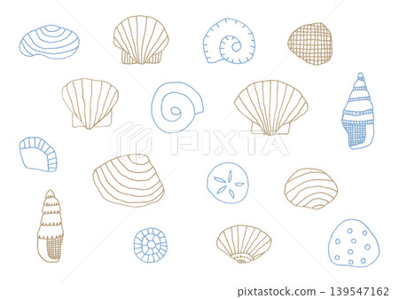 A set of hand-drawn illustrations of seashells in various shapes (blue and brown) A set of hand-drawn illustrations of seashells in various shapes (blue and brown) 139547162
