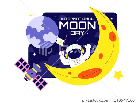 International Moon Day Vector Illustration Featuring Astronaut Crescent Moon Space Rocket Satellite and Cosmic Exploration Theme Design International Moon Day Vector Illustration Featuring Astronaut Crescent Moon Space Rocket Satellite and Cosmic Exploration Theme Design 139547166