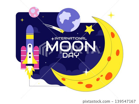 International Moon Day Vector Illustration Featuring Astronaut Crescent Moon Space Rocket Satellite and Cosmic Exploration Theme Design International Moon Day Vector Illustration Featuring Astronaut Crescent Moon Space Rocket Satellite and Cosmic Exploration Theme Design 139547167