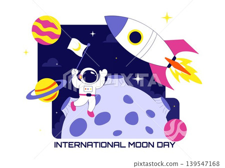 International Moon Day Vector Illustration Featuring Astronaut Crescent Moon Space Rocket Satellite and Cosmic Exploration Theme Design International Moon Day Vector Illustration Featuring Astronaut Crescent Moon Space Rocket Satellite and Cosmic Exploration Theme Design 139547168