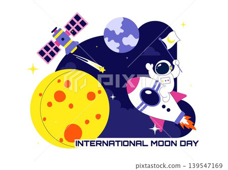International Moon Day Vector Illustration Featuring Astronaut Crescent Moon Space Rocket Satellite and Cosmic Exploration Theme Design International Moon Day Vector Illustration Featuring Astronaut Crescent Moon Space Rocket Satellite and Cosmic Exploration Theme Design 139547169
