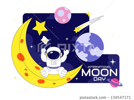 International Moon Day Vector Illustration Featuring Astronaut Crescent Moon Space Rocket Satellite and Cosmic Exploration Theme Design International Moon Day Vector Illustration Featuring Astronaut Crescent Moon Space Rocket Satellite and Cosmic Exploration Theme Design 139547171