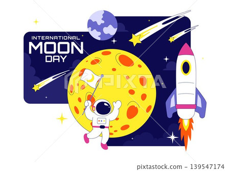 International Moon Day Vector Illustration Featuring Astronaut Crescent Moon Space Rocket Satellite and Cosmic Exploration Theme Design International Moon Day Vector Illustration Featuring Astronaut Crescent Moon Space Rocket Satellite and Cosmic Exploration Theme Design 139547174