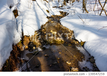 A winding stream carves its path through a deep snowy gully, pristine white banks shimmering in winter sunlight, a crisp early spring scene A winding stream carves its path through a deep snowy gully, pristine white banks shimmering in winter sunlight, a crisp early spring scene 139547259