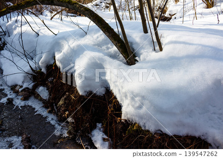 Sunlit snow blankets a tranquil winter creek in a gully. Icy water flows past frosty banks and exposed tree roots, highlighting the season's crisp beauty Sunlit snow blankets a tranquil winter creek in a gully. Icy water flows past frosty banks and exposed tree roots, highlighting the season's crisp beauty 139547262