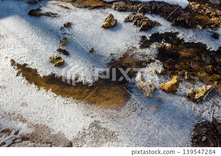 Icy stream flow with delicate ice crystals and exposed rocks in a thawing winter landscape Icy stream flow with delicate ice crystals and exposed rocks in a thawing winter landscape 139547284