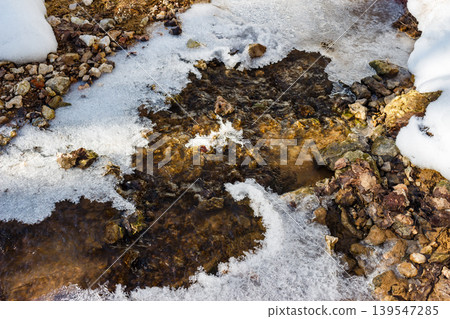 Vibrant winter stream flowing through icy snow and rocky banks. Meltdown vibes in a tranquil ravine, showcasing natural beauty and changing seasons Vibrant winter stream flowing through icy snow and rocky banks. Meltdown vibes in a tranquil ravine, showcasing natural beauty and changing seasons 139547285