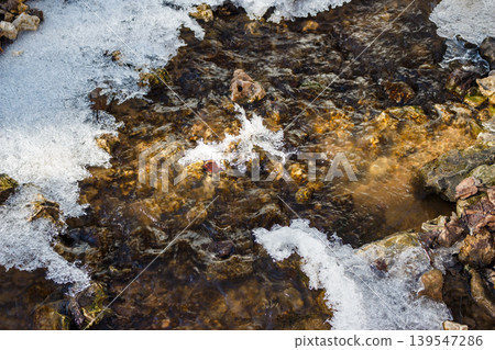Crisp water of a snowy stream trickling over pebbles, surrounded by icy patches. A cold yet vibrant nature scene 139547286