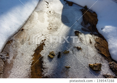 Sparkling ice crusts a winding brook, partially thawed, with patches of snow and wet earth, glimmering under sunlight Sparkling ice crusts a winding brook, partially thawed, with patches of snow and wet earth, glimmering under sunlight 139547288