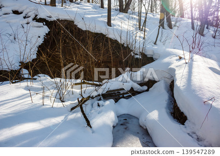 Winter sun illuminates a serene, partly frozen stream snaking through a snowy ravine. Bare branches and exposed earth line the steep banks under a clear sky Winter sun illuminates a serene, partly frozen stream snaking through a snowy ravine. Bare branches and exposed earth line the steep banks under a clear sky 139547289