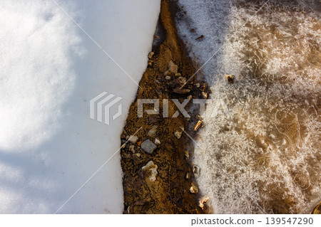 Melting stream with intricate ice patterns, bordered by crisp white snow and earthy soil. A serene, detailed winter-to-spring transition Melting stream with intricate ice patterns, bordered by crisp white snow and earthy soil. A serene, detailed winter-to-spring transition 139547290