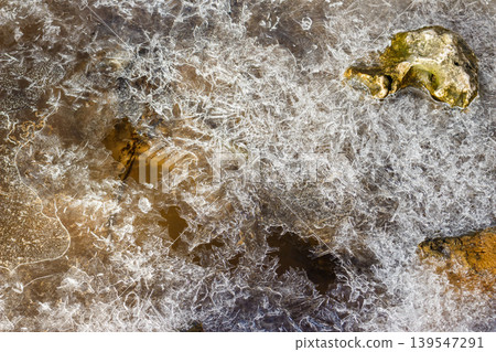 Gorgeous frost patterns on a partially frozen stream, revealing amber water and stones below. Winter's chilly, artistic embrace Gorgeous frost patterns on a partially frozen stream, revealing amber water and stones below. Winter's chilly, artistic embrace 139547291
