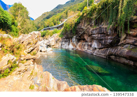 View of the Verzasca river in Lavertezzo, Verzasca Valley, Ticino Canton, Switzerland View of the Verzasca river in Lavertezzo, Verzasca Valley, Ticino Canton, Switzerland 139547338
